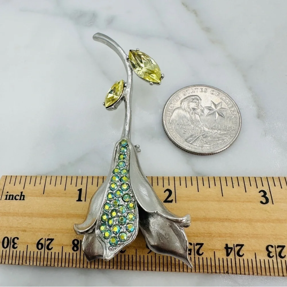 Vintage Cala Lilly Brooch Pin Blue Green AB Rhinestone Petals Yellow Gem Leaves